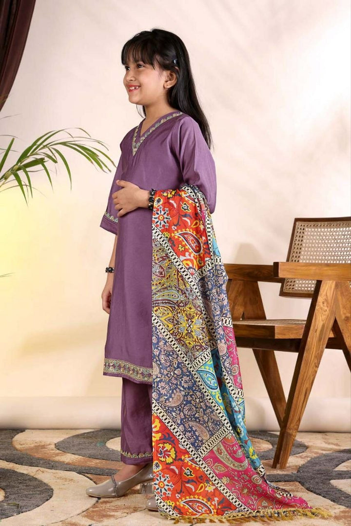 Kids Purple Kurta Suit | 3 Piece Festive Trouser Outfit