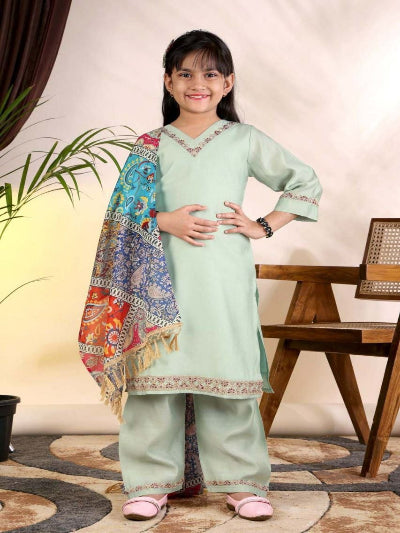 Kids Light Green Kurta Suit | 3 Piece Festive Trouser Outfit