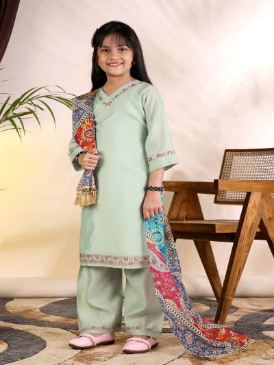 Kids Light Green Kurta Suit | 3 Piece Festive Trouser Outfit