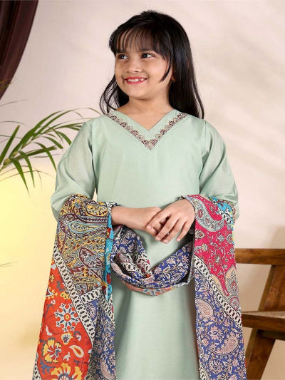 Kids Light Green Kurta Suit | 3 Piece Festive Trouser Outfit