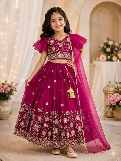 Kids Deep Pink Lehenga Choli | Gold Floral Embroidered Festive Outfit