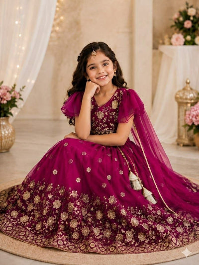 Kids Deep Pink Lehenga Choli | Gold Floral Embroidered Festive Outfit