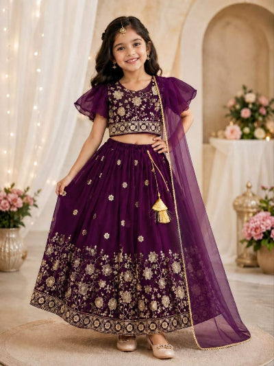 Kids Purple Lehenga Choli | Gold Floral Embroidered Festive Outfit