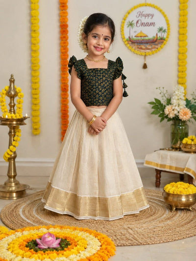 Kids Green Cream Kerala Lehenga Choli | Traditional Onam Festive Outfit