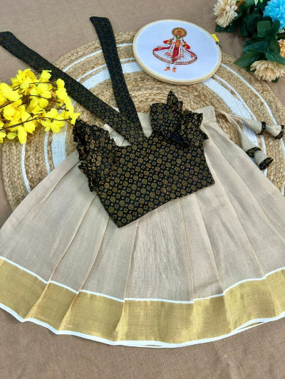 Kids Green Cream Kerala Lehenga Choli | Traditional Onam Festive Outfit