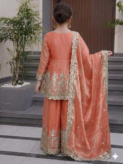Kids Peach Embroidered Suit | 3 Piece Peplum Palazzo Festive Outfit
