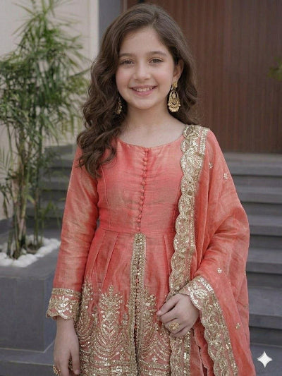 Kids Peach Embroidered Suit | 3 Piece Peplum Palazzo Festive Outfit
