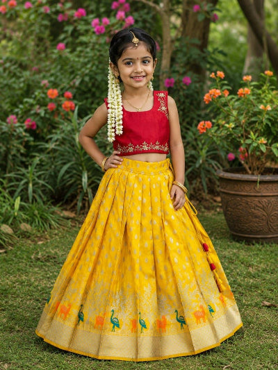 Kids Red Yellow Banarasi Lehenga Choli | Traditional Festive Outfit