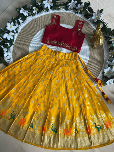 Kids Red Yellow Banarasi Lehenga Choli | Traditional Festive Outfit