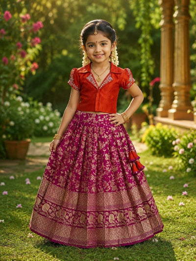Kids Red Pink Banarasi Lehenga Choli | Traditional Festive Outfit