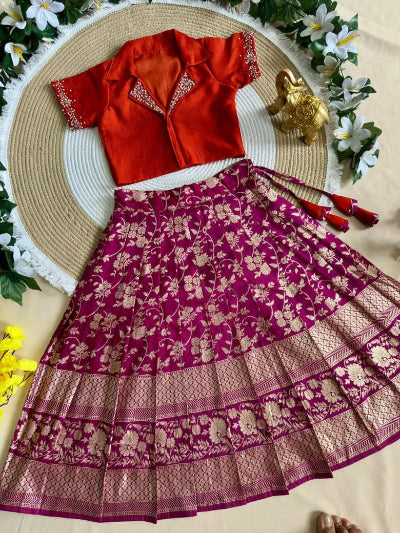 Kids Red Pink Banarasi Lehenga Choli | Traditional Festive Outfit