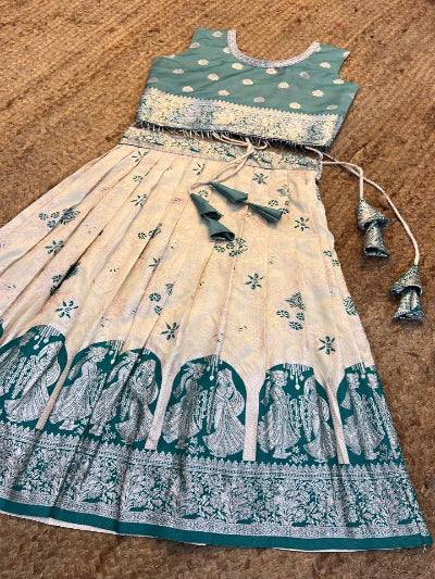 Kids Teal Cream Banarasi Lehenga Choli | Traditional Festive Outfit