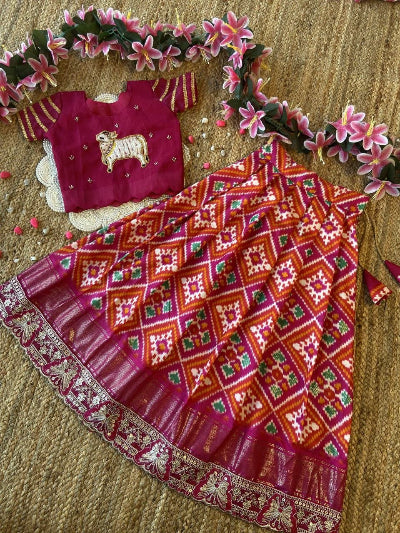 Kids Pink Patola Print Lehenga Choli | Traditional Festive Outfit