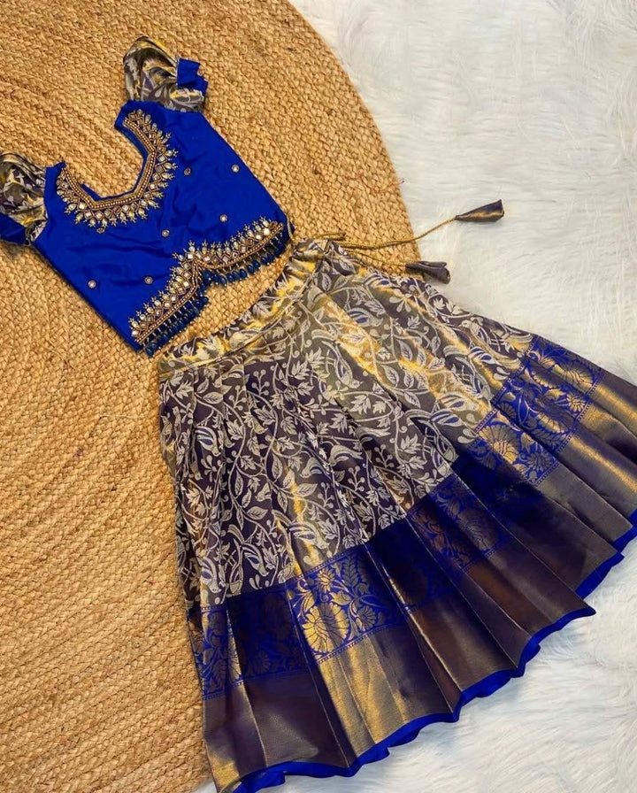Kids Blue Gold Banarasi Lehenga Choli | Traditional Festive Outfit