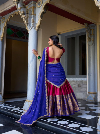 South Indian Half Saree | Blue Silk Blouse Red Lehenga Gold Border