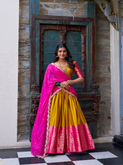 South Indian Half Saree | Mustard Silk Blouse Pink Lehenga Gold Temple Border