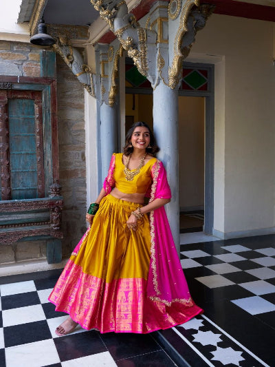 South Indian Half Saree | Mustard Silk Blouse Pink Lehenga Gold Temple Border
