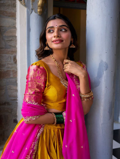 South Indian Half Saree | Mustard Silk Blouse Pink Lehenga Gold Temple Border