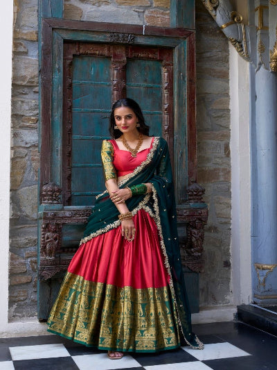 South Indian Half Saree | Red Silk Blouse Red Lehenga Gold Brocade Border