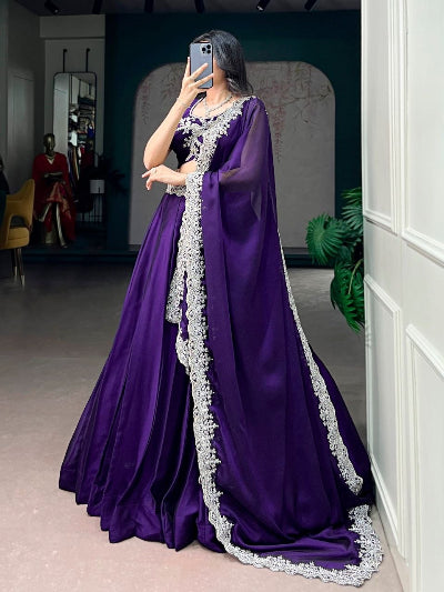 South Indian Half Saree | Purple Silk Blouse Purple Lehenga White Lace Border
