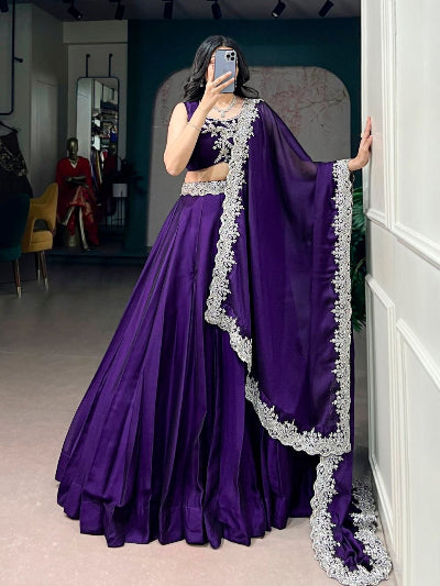 South Indian Half Saree | Purple Silk Blouse Purple Lehenga White Lace Border