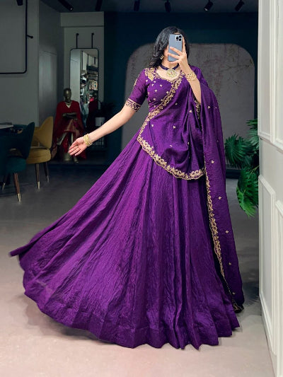 South Indian Half Saree | Purple Silk Blouse Purple Lehenga Gold Embroidery