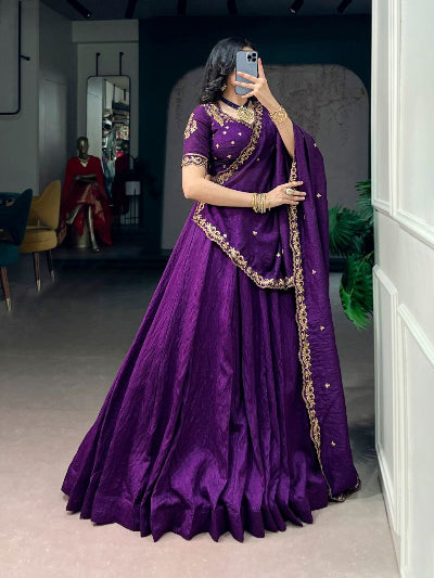 South Indian Half Saree | Purple Silk Blouse Purple Lehenga Gold Embroidery