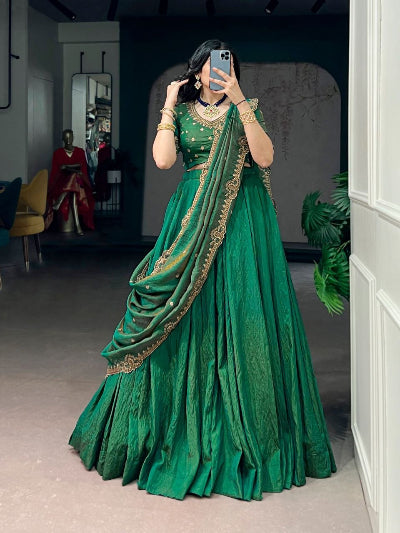 South Indian Half Saree | Green Silk Blouse Green Lehenga Gold Embroidery