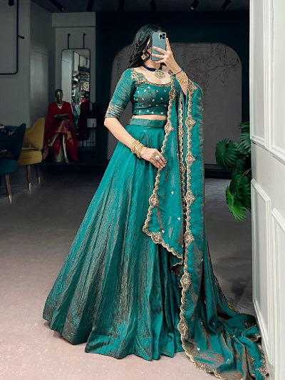 South Indian Half Saree | Teal Silk Blouse Teal Lehenga Gold Embroidery