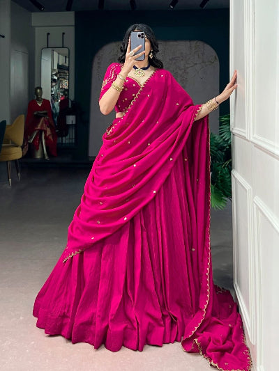 South Indian Half Saree | Pink Silk Blouse Pink Lehenga Gold Embroidery