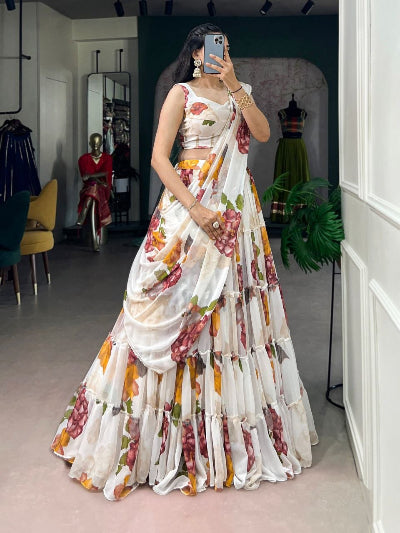 South Indian Half Saree | White Silk Blouse White Lehenga Floral Print