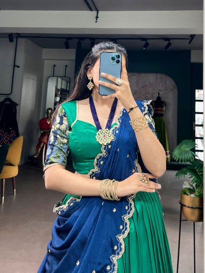 South Indian Half Saree | Green Silk Blouse Green Lehenga Gold Peacock