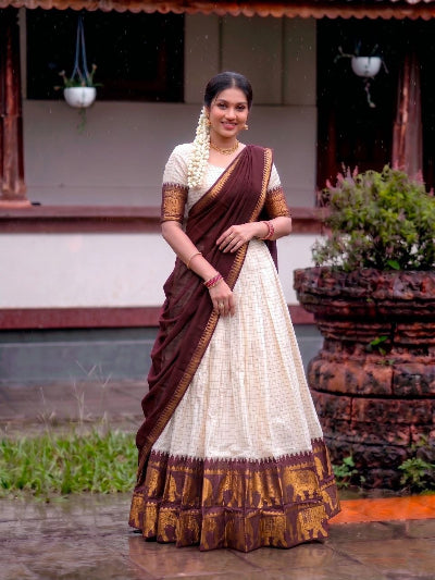 South Indian Half Saree | Cream Silk Blouse Cream Lehenga Burgundy Gold Border