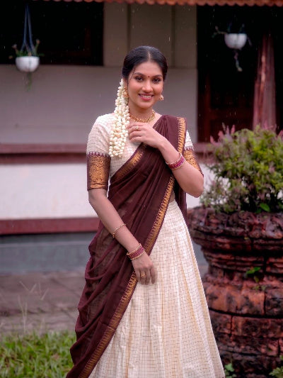 South Indian Half Saree | Cream Silk Blouse Cream Lehenga Burgundy Gold Border