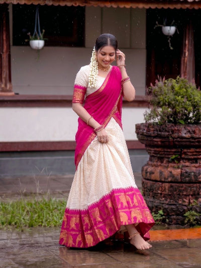 Cream Silk Blouse Cream Lehenga Pink Gold Border| South Indian Half Saree