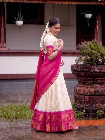 Cream Silk Blouse Cream Lehenga Pink Gold Border| South Indian Half Saree