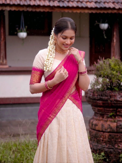Cream Silk Blouse Cream Lehenga Pink Gold Border| South Indian Half Saree
