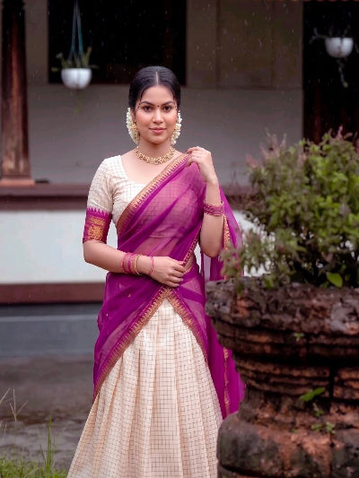South Indian Half Saree | Cream Checked Blouse Cream Lehenga Purple Gold