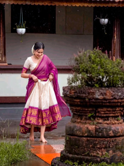South Indian Half Saree | Cream Checked Blouse Cream Lehenga Purple Gold