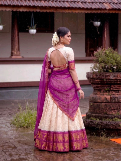 South Indian Half Saree | Cream Checked Blouse Cream Lehenga Purple Gold