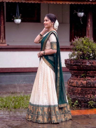South Indian Half Saree | Cream Checked Blouse Cream Lehenga Green Gold