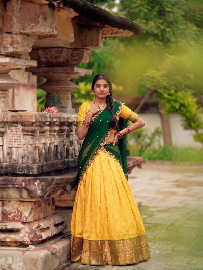 South Indian Half Saree | Yellow Silk Blouse Yellow Lehenga Gold Brocade