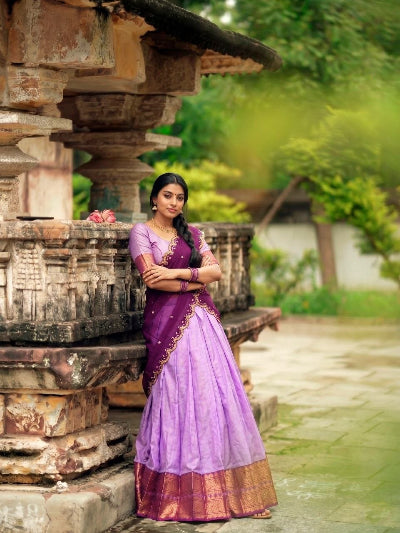 South Indian Half Saree | Yellow Silk Blouse Yellow Lehenga Gold Brocade (Copy)
