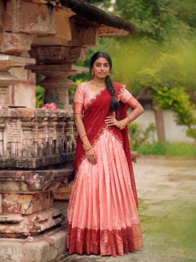 South Indian Half Saree | Pink Silk Blouse Pink Lehenga Burgundy Gold Border