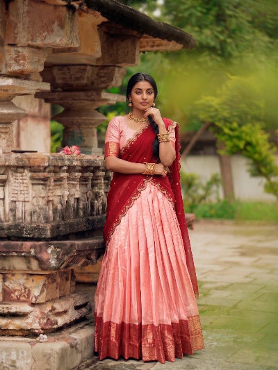 South Indian Half Saree | Pink Silk Blouse Pink Lehenga Burgundy Gold Border