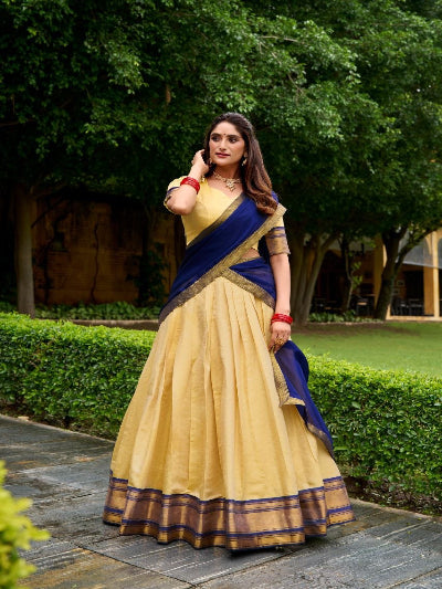 South Indian Half Saree | Yellow Silk Blouse Yellow Lehenga Blue Gold Border