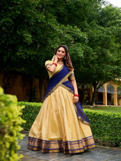 South Indian Half Saree | Yellow Silk Blouse Yellow Lehenga Blue Gold Border