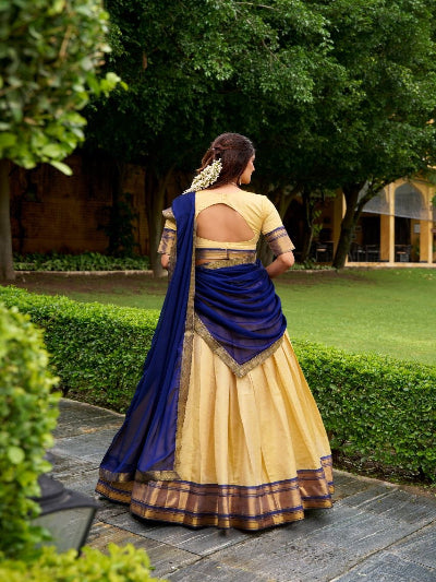 South Indian Half Saree | Yellow Silk Blouse Yellow Lehenga Blue Gold Border