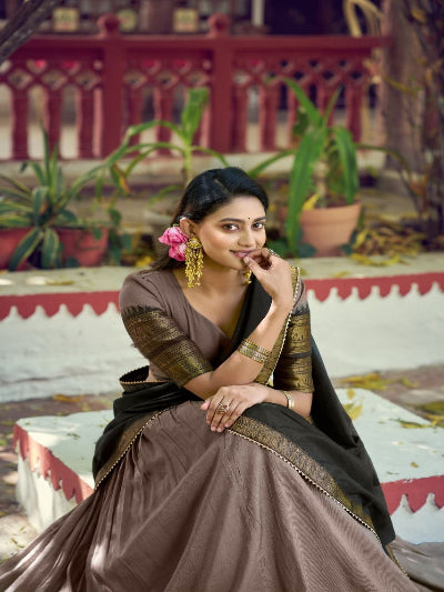 South Indian Half Saree | Black Silk Blouse Grey Lehenga Gold Brocade Border