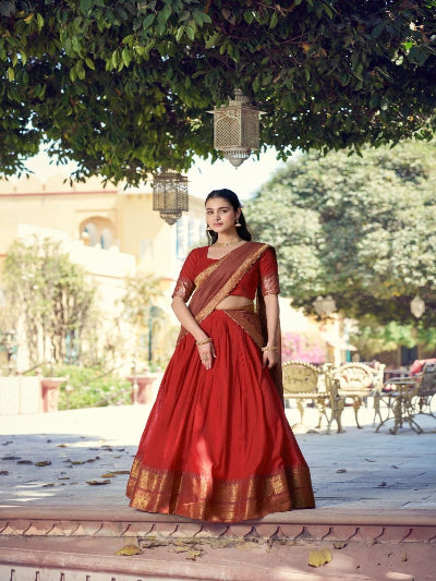 South Indian Half Saree | Red Silk Blouse Red Lehenga Gold Brocade Border